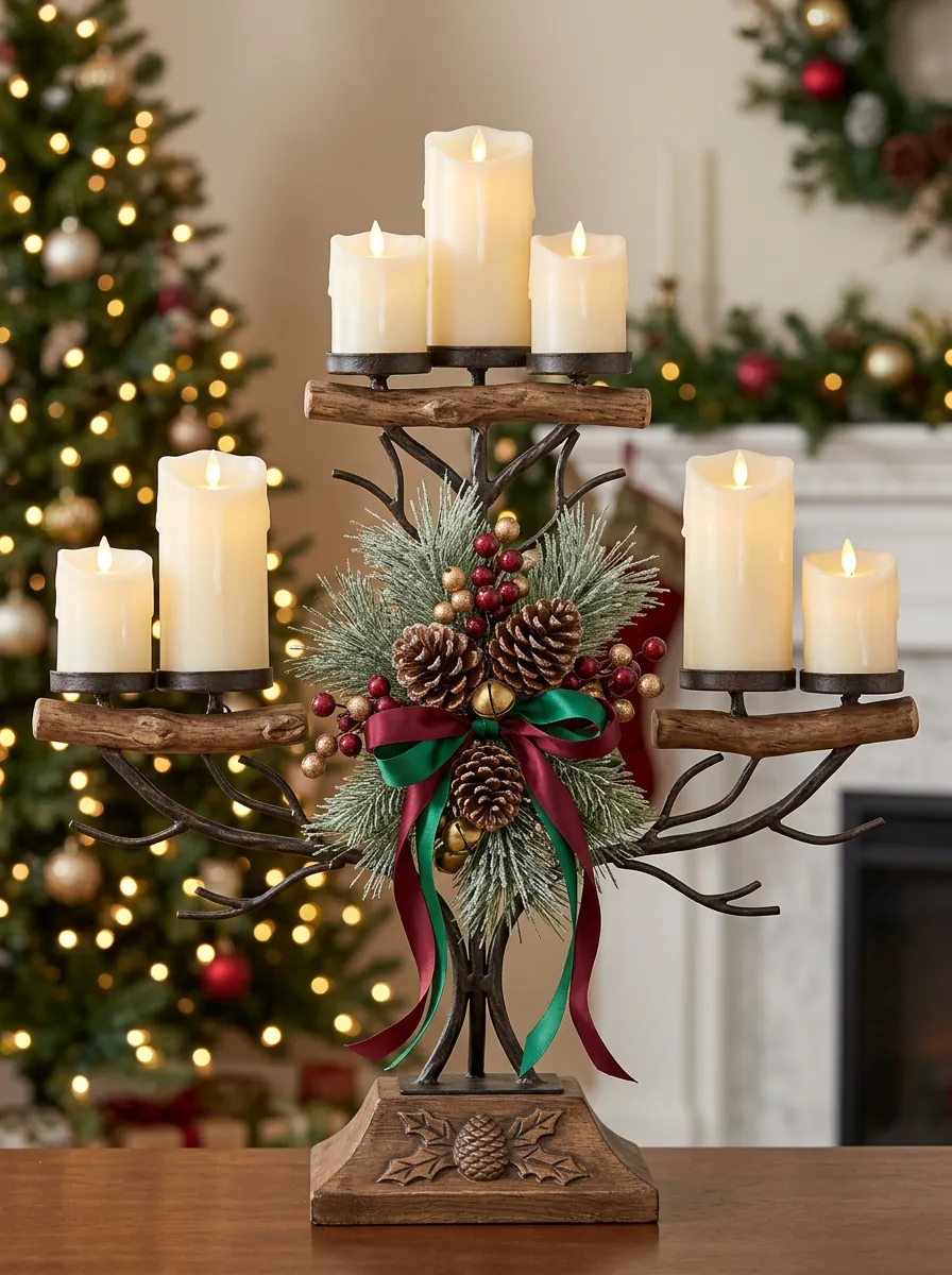 Refined Pinecone Berry Bow Candelabra