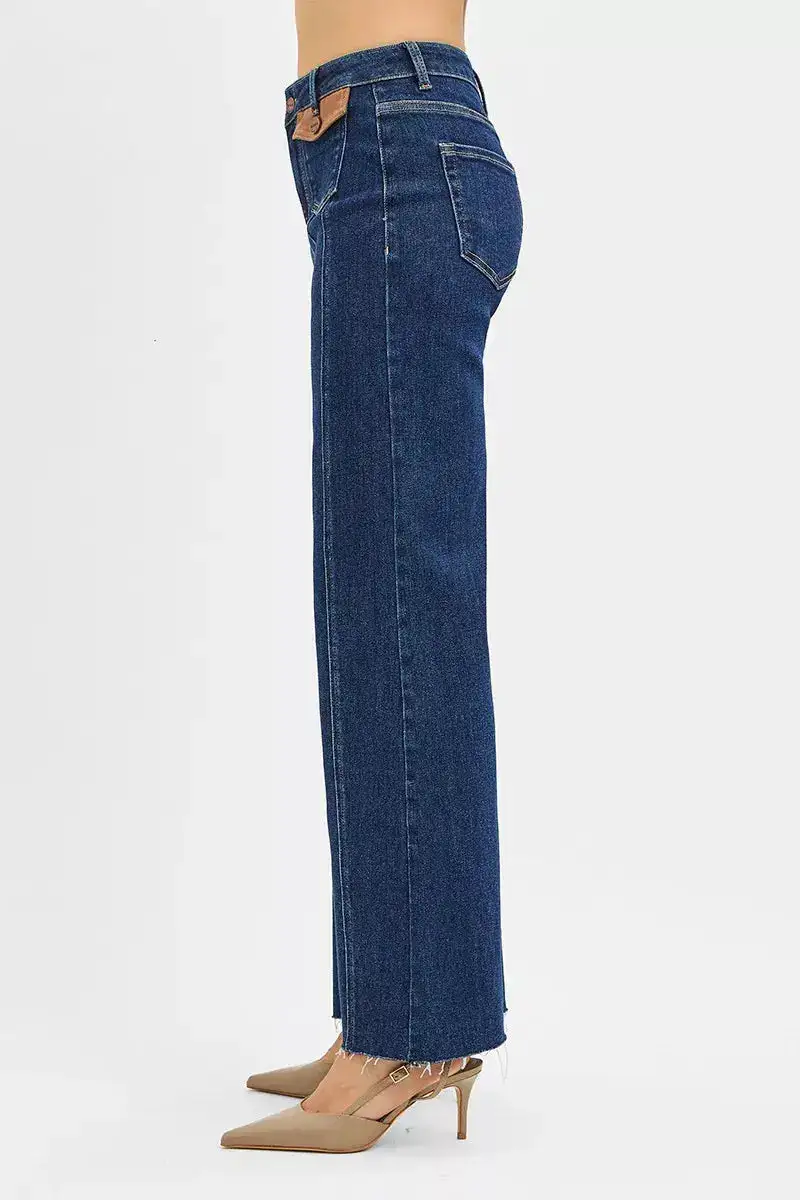 High Rise Flare Raw Hem Pocketed Denim Jeans