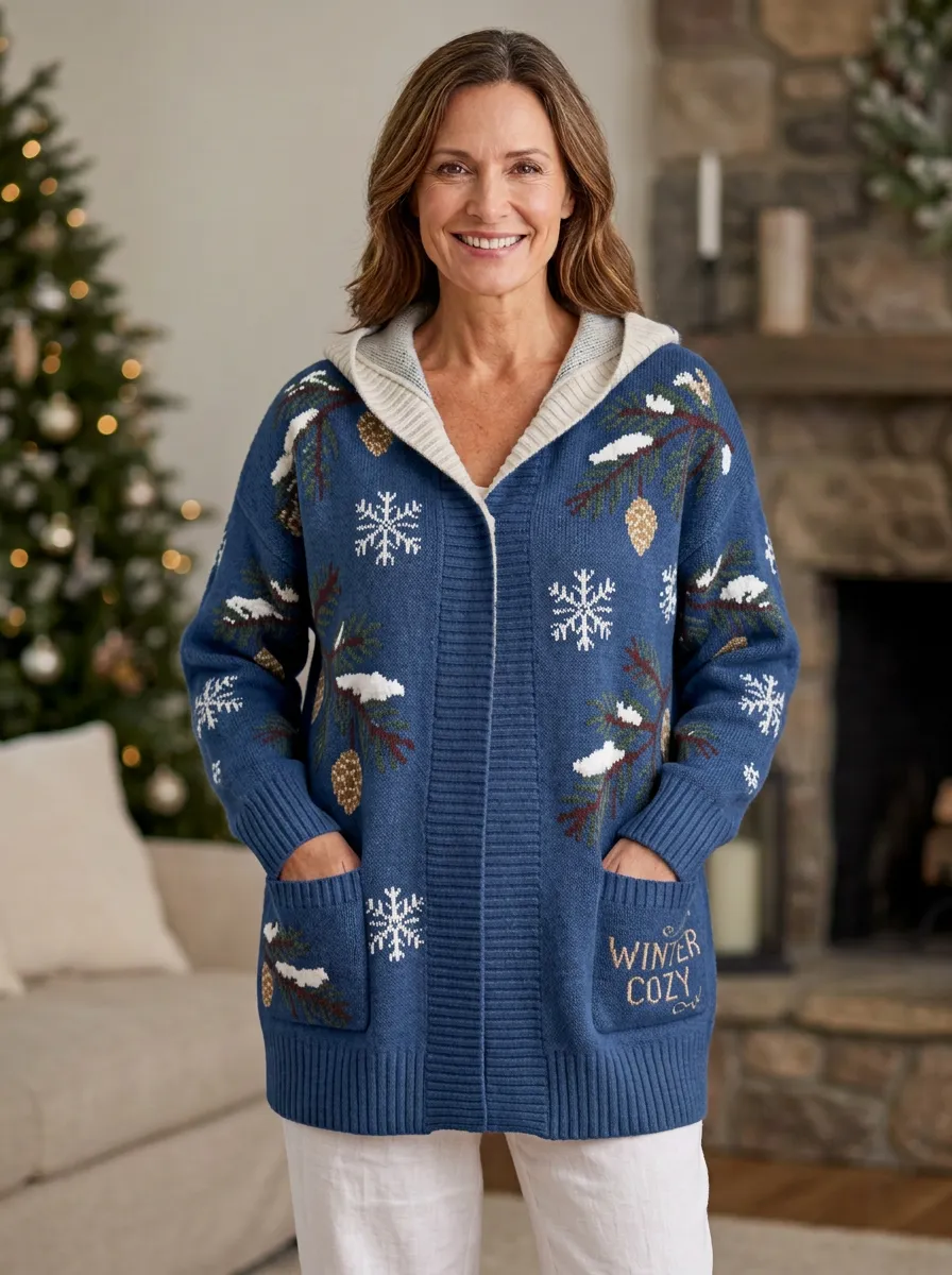 Christmas Pinecone Snowflake Pattern Print Festive Hooded Cardigan