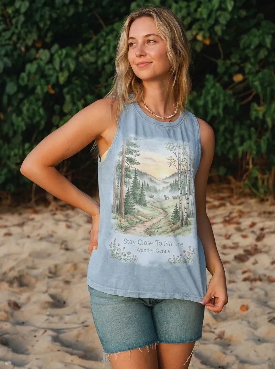 Women's Nature Lover Forest Deer Path Printed Tank Top