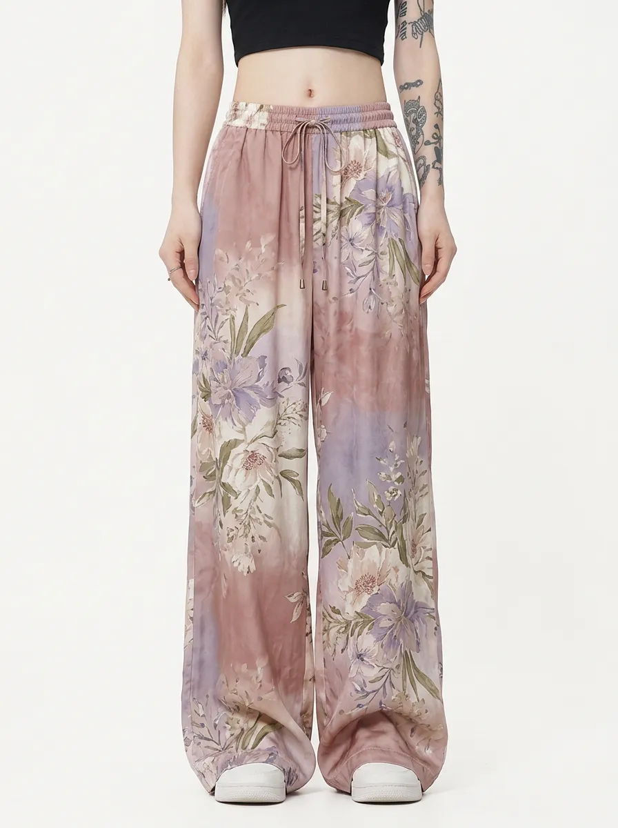 Women's Floral Watercolor Print Wide Leg Printed Pants