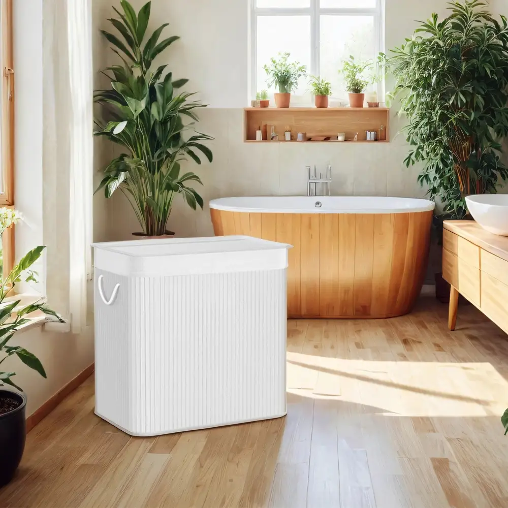 Everyday Lidded Divided Bamboo Laundry Storage Hamper