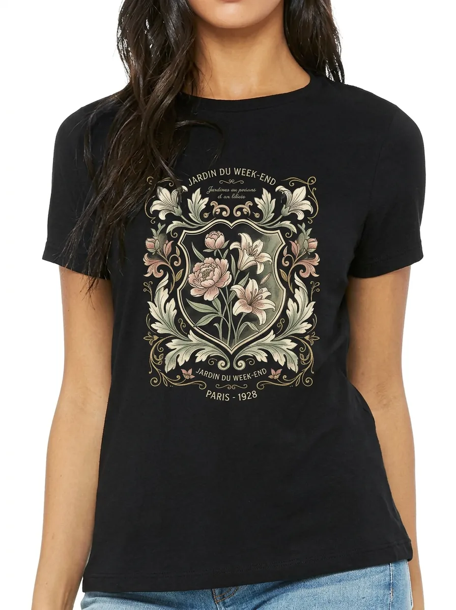 Women's French Floral Garden Crest Printed T-shirt