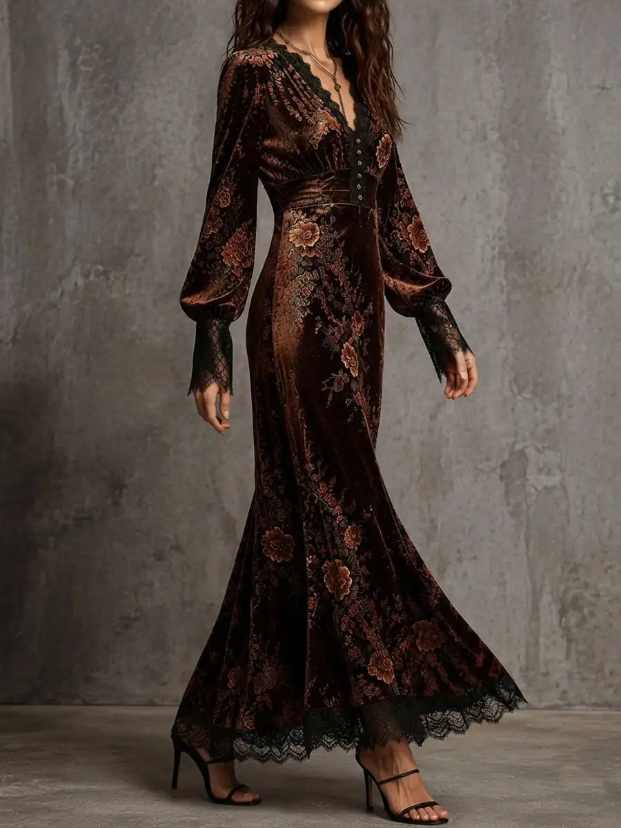Vintage Velvet Floral Lace V Neck Puff Sleeve Evening Dress