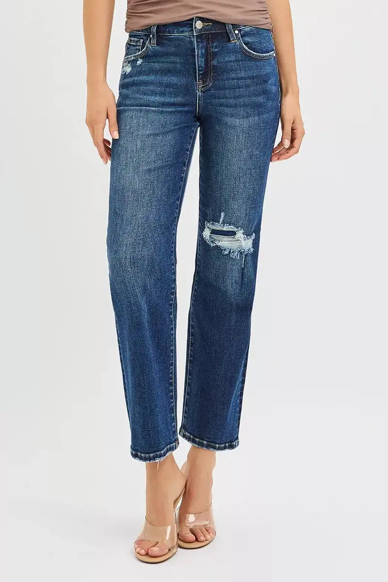 High Rise Crop Slim Straight Jenas With Hidden Knee Patch