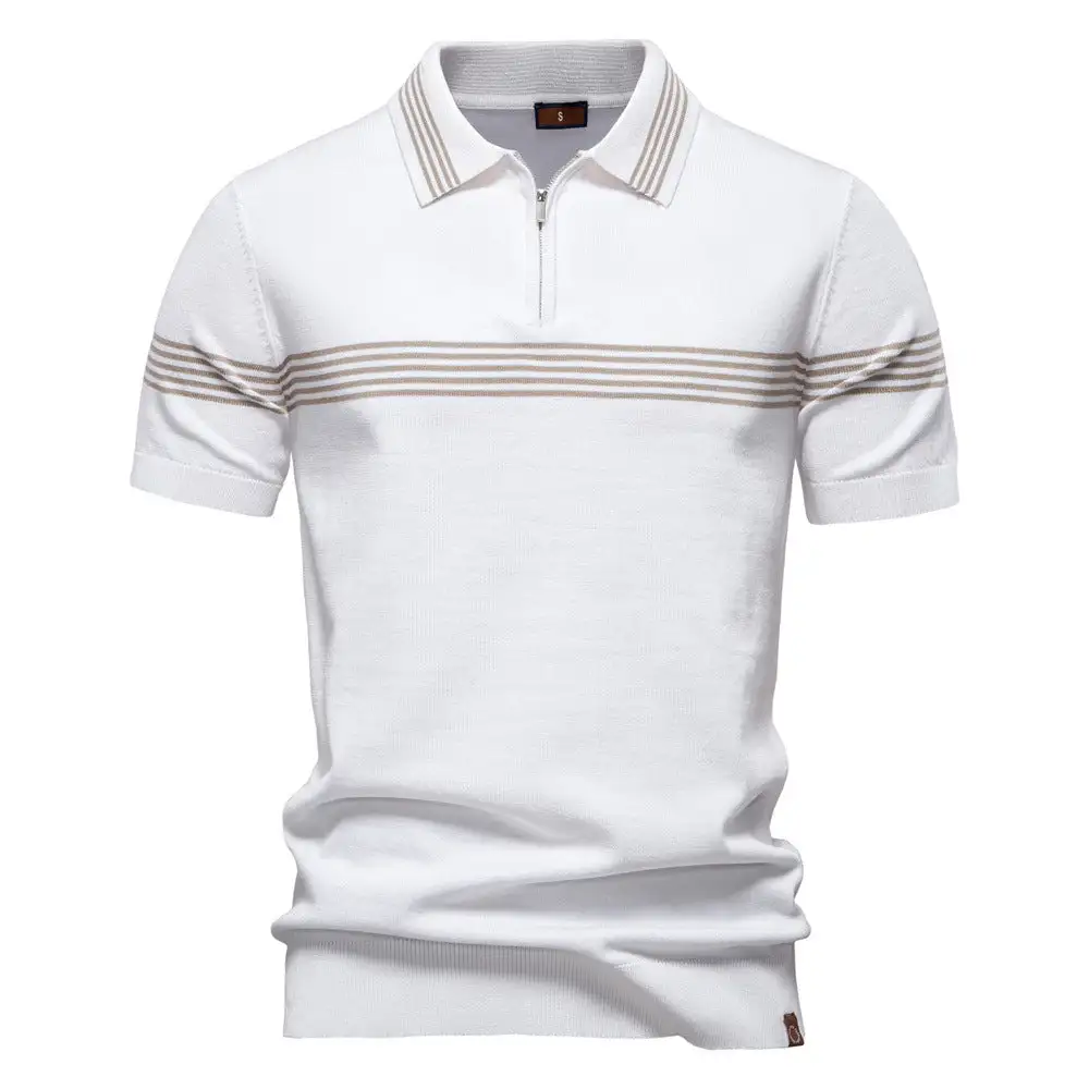 Striped Zip Front Fine Knit Polo Shirt