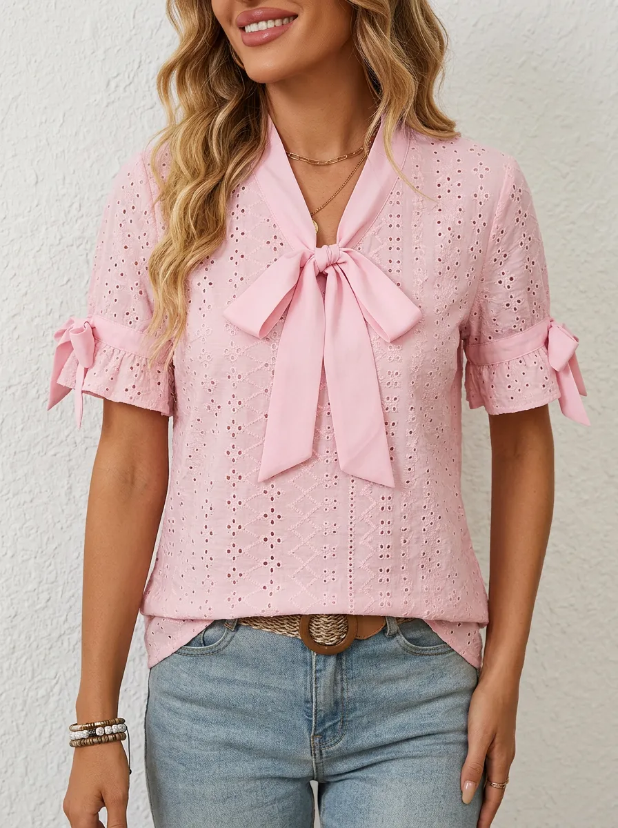 Women's Pink Bow Tie Eyelet Embroidered Short Sleeve Top