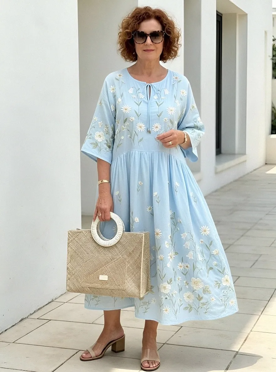 Women's Summer Vacation Blue Floral Pattern Printed Dress