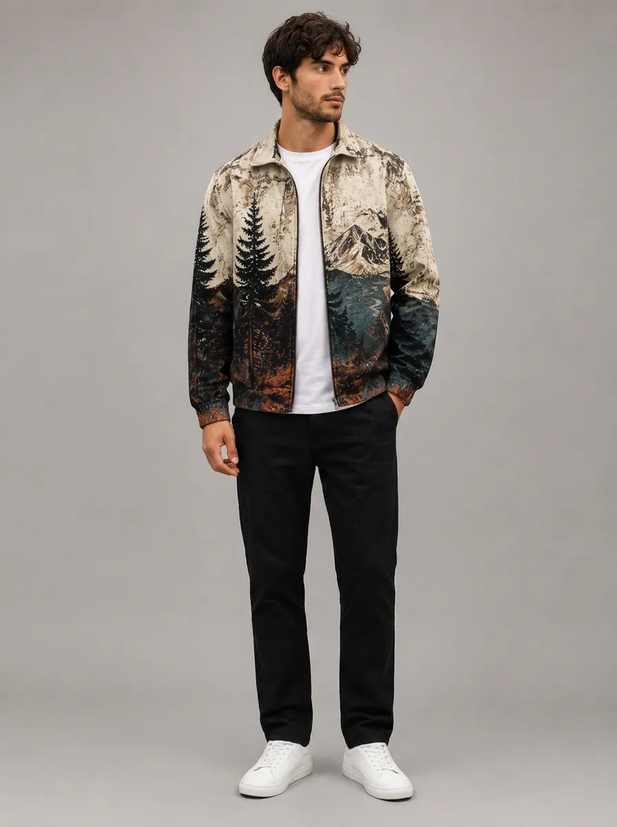 Men's Landscape Print Zip-Up Jacket with All-Over mountain and forest landscape print