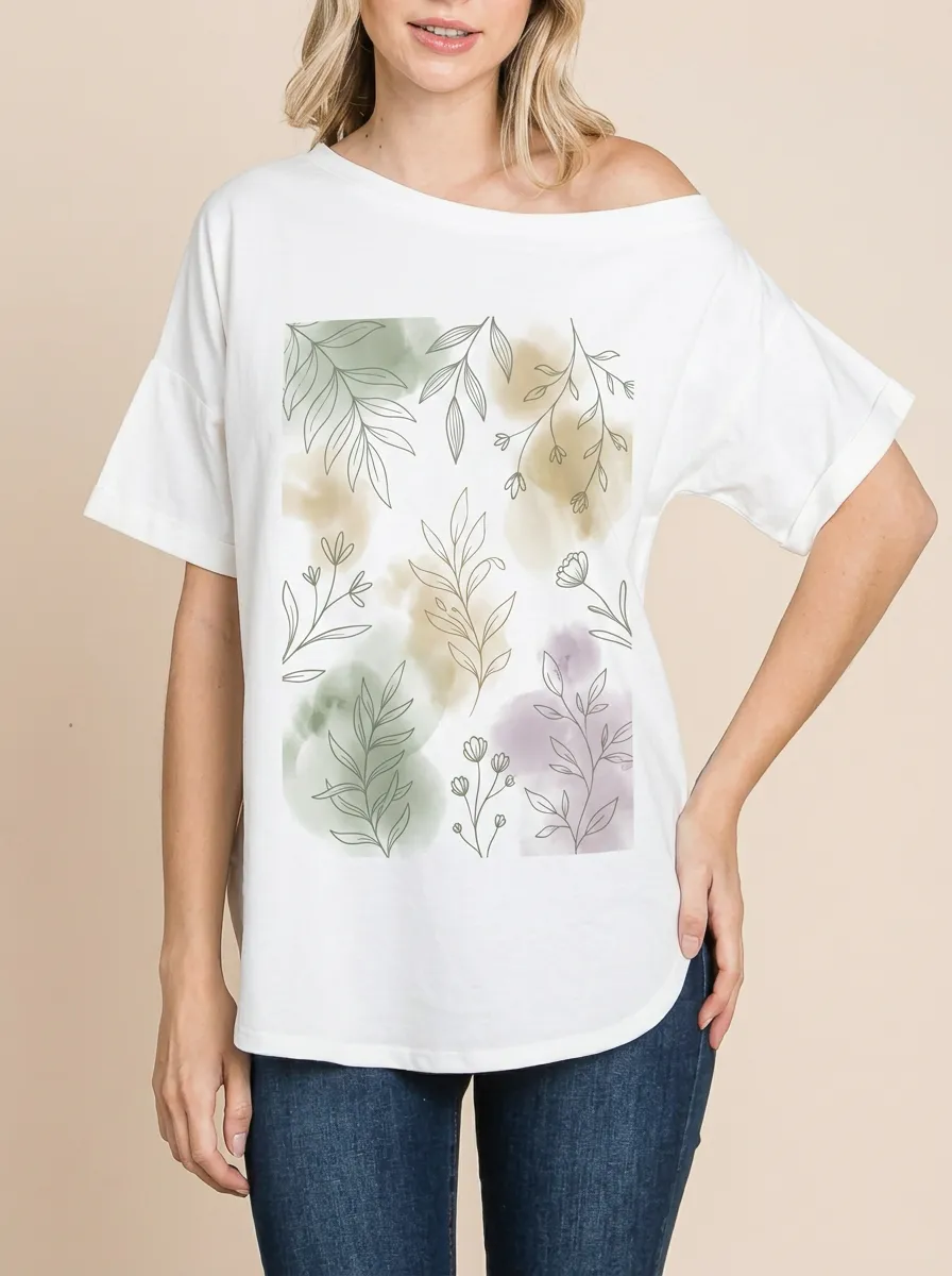 Women's Botanical Nature Lover Watercolor Leaves Printed T-shirt