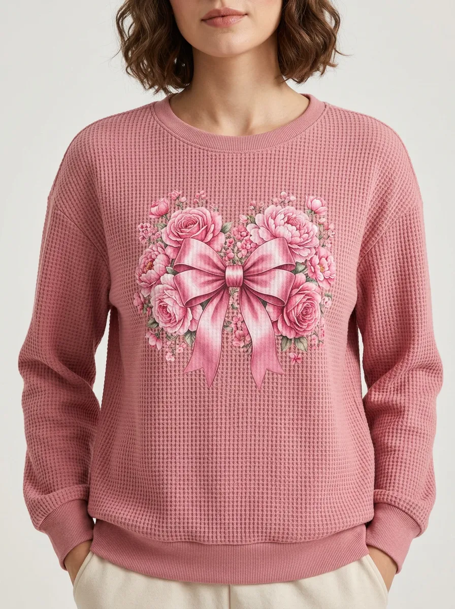 Graceful Bow-Detail Women's Breast Cancer Awareness Waffle Sweatshirt