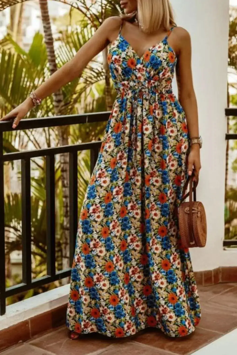 Classic Smocked Spaghetti-Strap Printed Maxi Dress