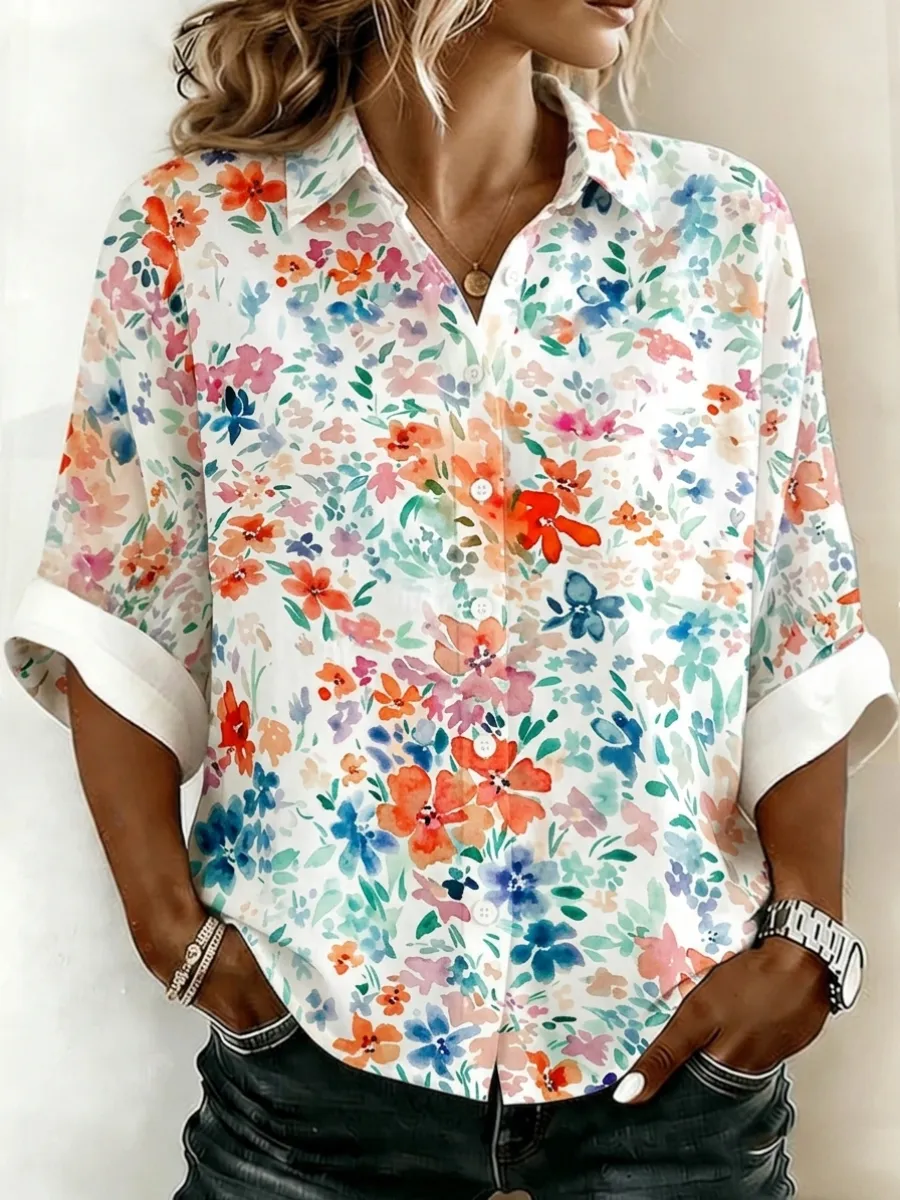 Women's Floral Print Long Sleeved Linen Shirt