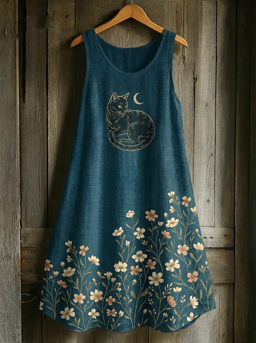 Women's Cat Moon Floral Cotton Linen Printed Dress