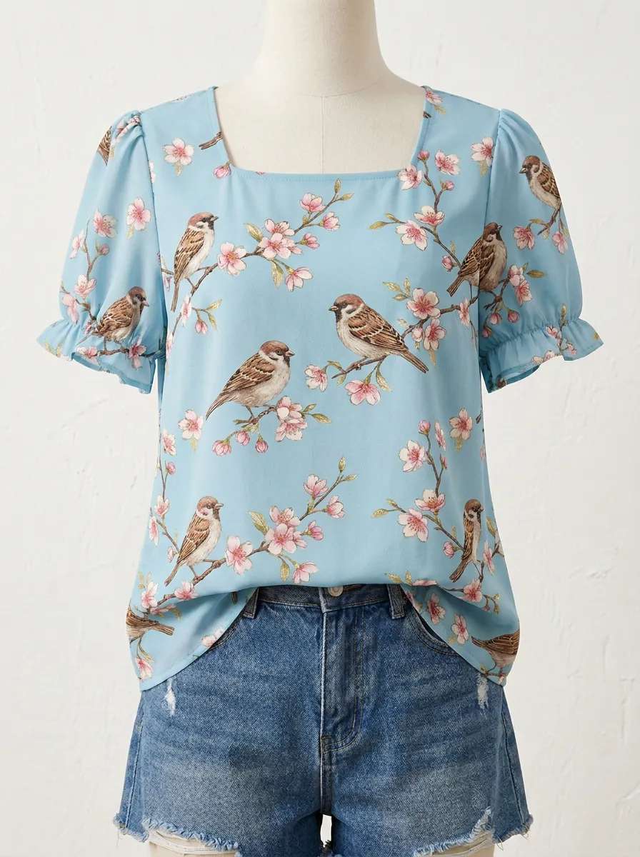 Cherry Blossom Nature Women's Loose Printed T-Shirt