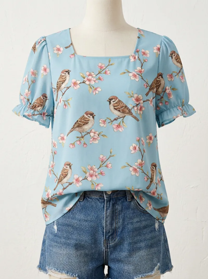Cherry Blossom Nature Women's Loose Printed T-Shirt