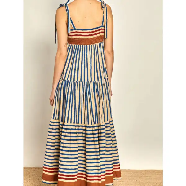 Striped Tie Shoulder Tiered Maxi Dress