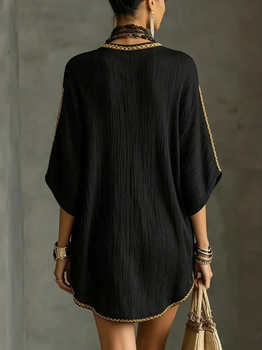 Minimalist Linen Blend Embroidered Short-sleeved Shirt Maxi Dress