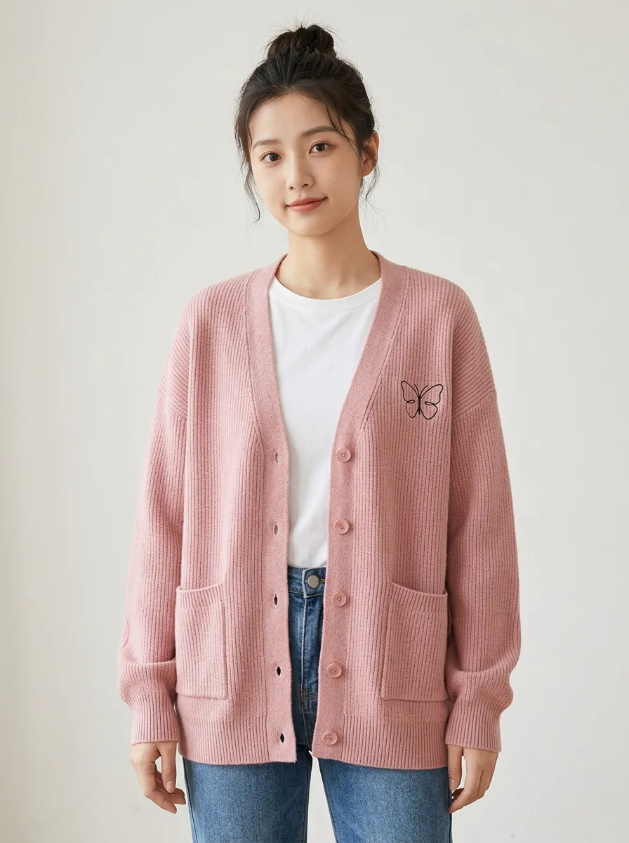 Pink Butterfly Embroidered Knit Cardigan