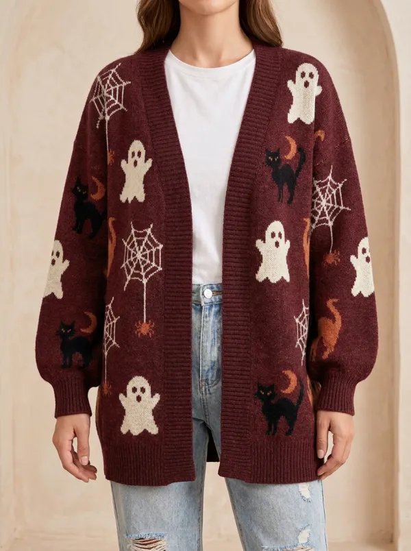 Women's Halloween Ghost Cat Spiderweb Patterned Knit Cardigan