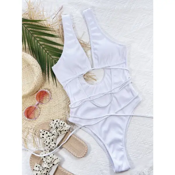 Women's Ribbed Lace-Up One-Piece Swimsuit