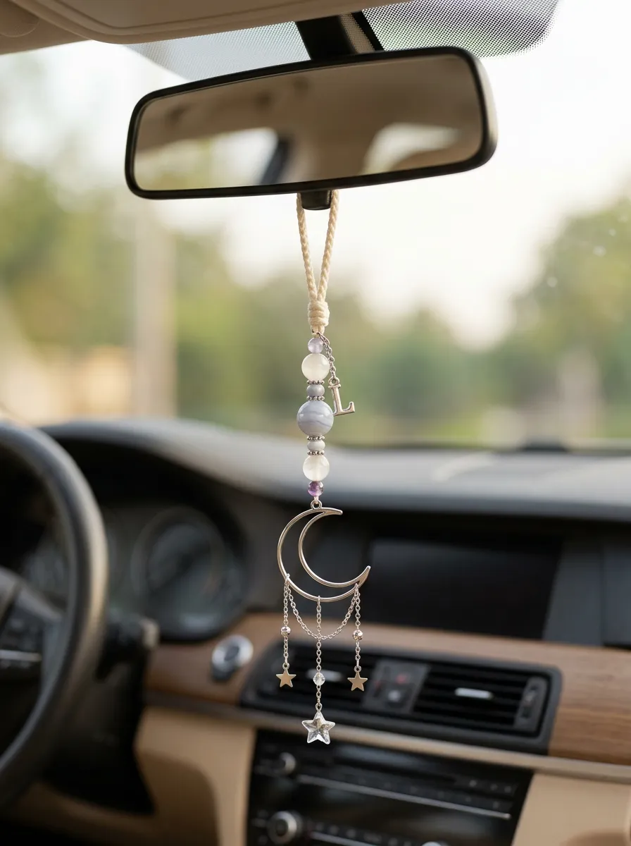 Beaded Moon-Star Crystal Rearview Mirror Hanging Ornament