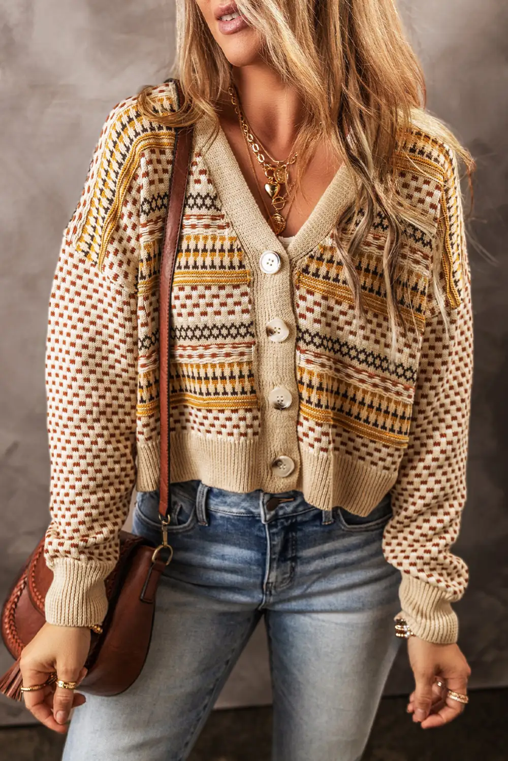 Button Front V Neck Cropped Cardigan