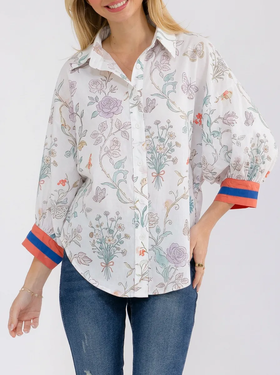 Women's Floral Butterfly Botanical Printed Button-Down Shirt