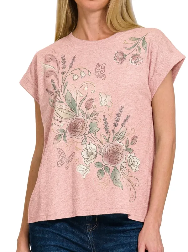 Women's Floral Butterfly Nature Lover Printed T-shirt