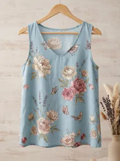 Bird Butterfly Floral Women's Loose Printed Tank Top