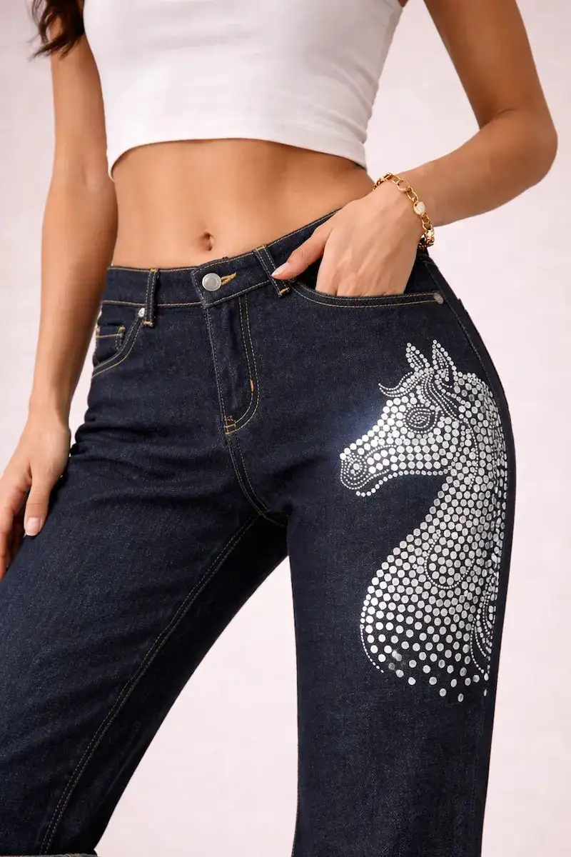 Wide Leg Cuffed Low Rise Rhinestone Detail Western Style Denim Jeans