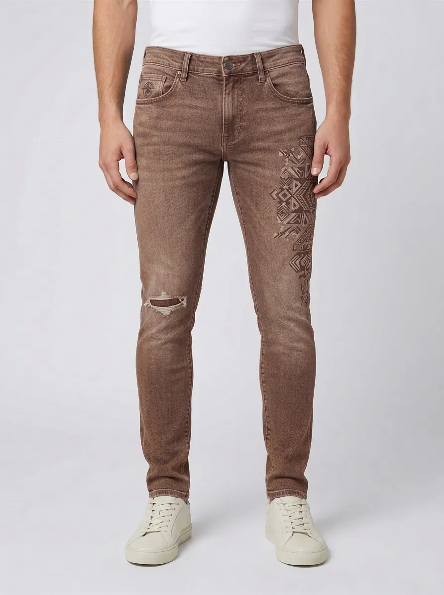Men's Geometric Pattern Distressed Graphic Slim-Fit Jeans
