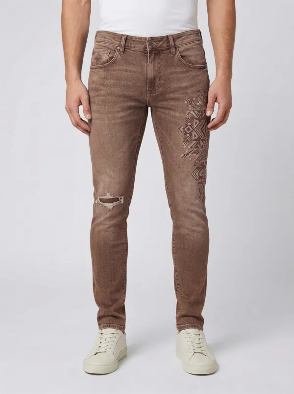 Men's Geometric Pattern Distressed Graphic Slim-Fit Jeans