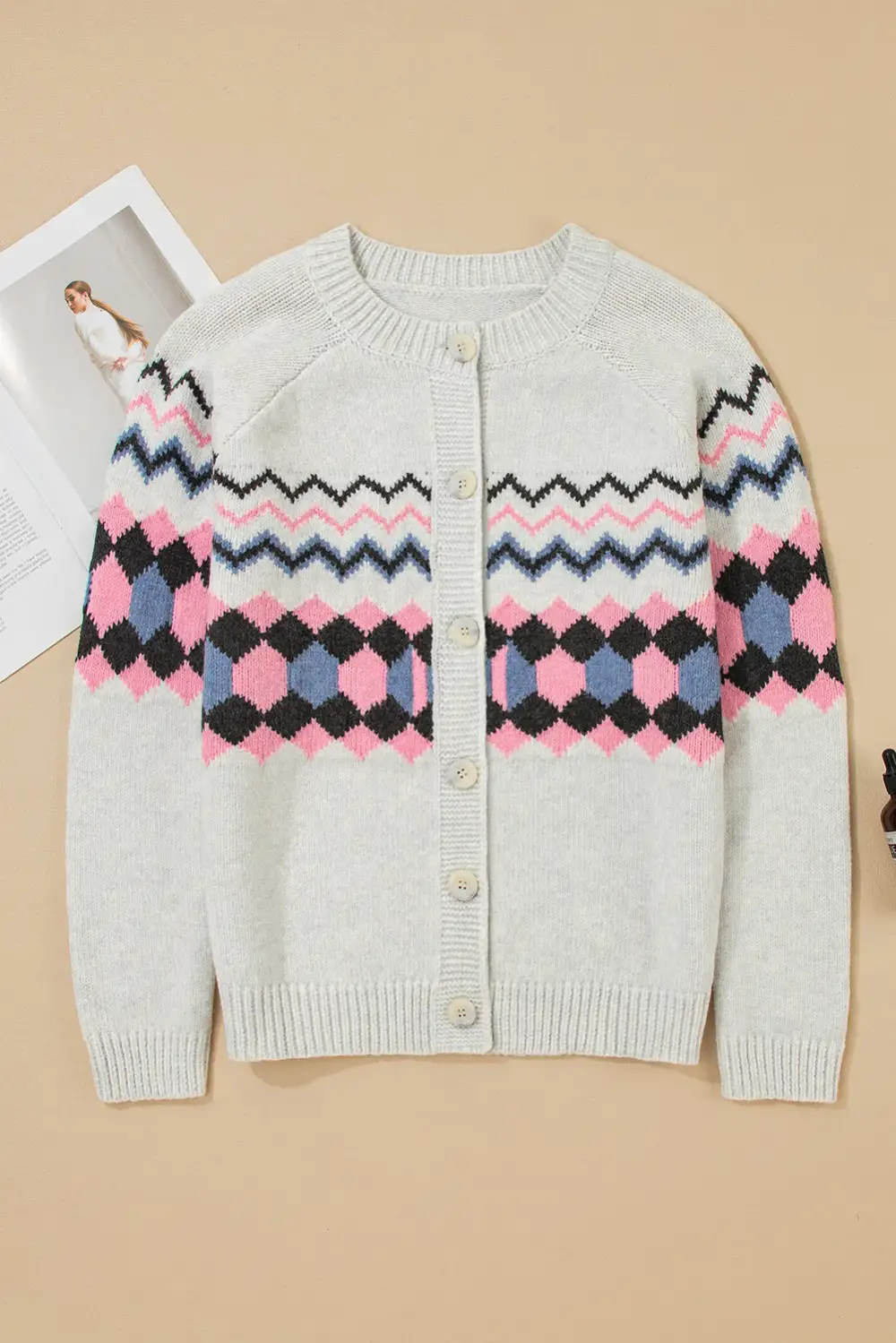 Geometric Button Front Cardigan