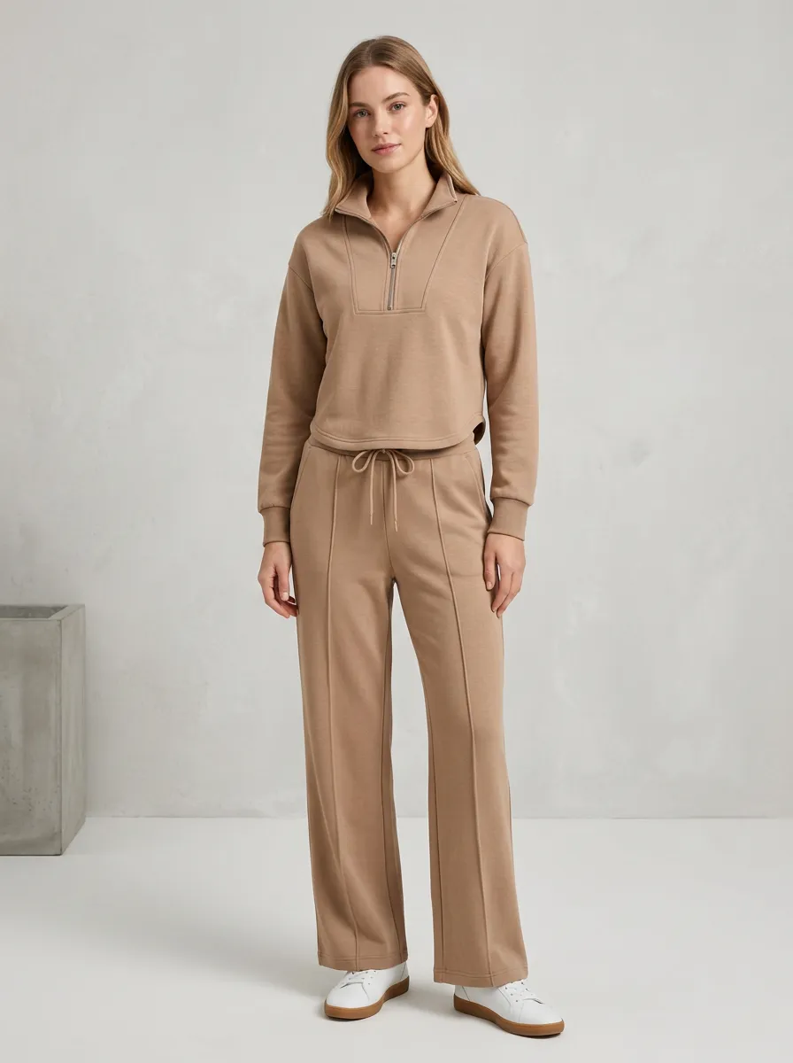 Women's Casual Beige Quarter-Zip Pullover Wide-Leg Trouser Lounge Set