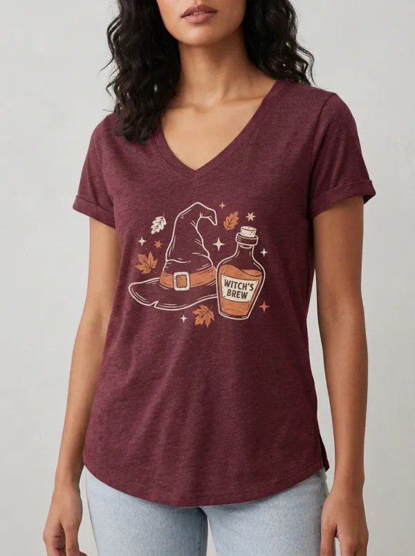 Women's Halloween Witch Hat and Potion Printed V-Neck T-Shirt