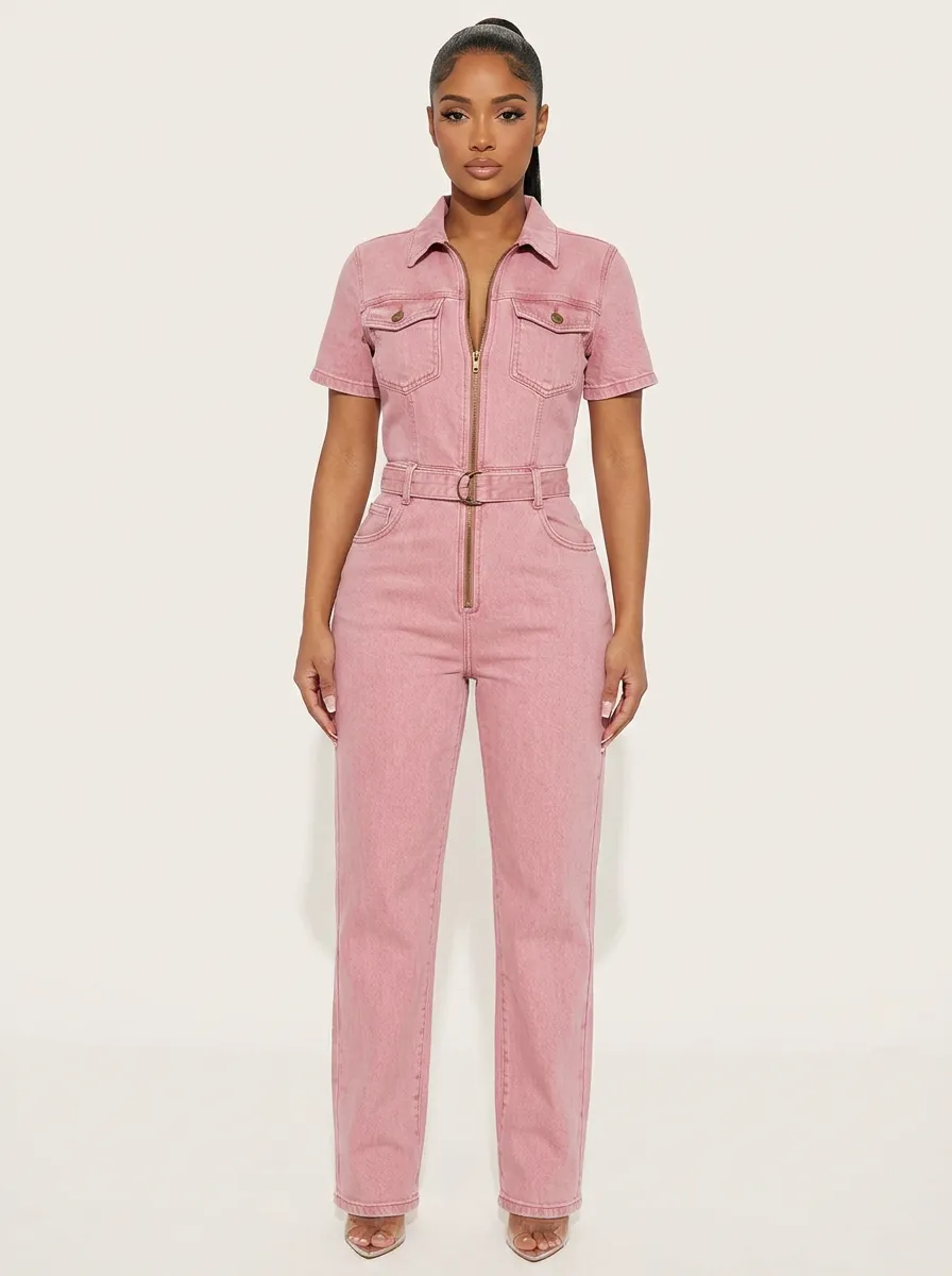 Pink Casual Zip-Front Denim Jumpsuit