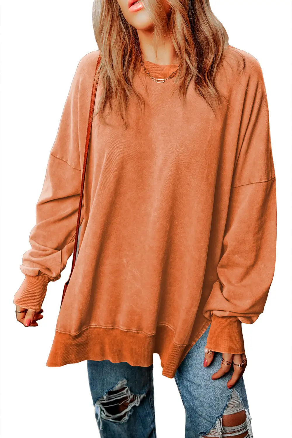 Grapefruit Drop Shoulder Ribbed Trim Oversized Sweatshirt
