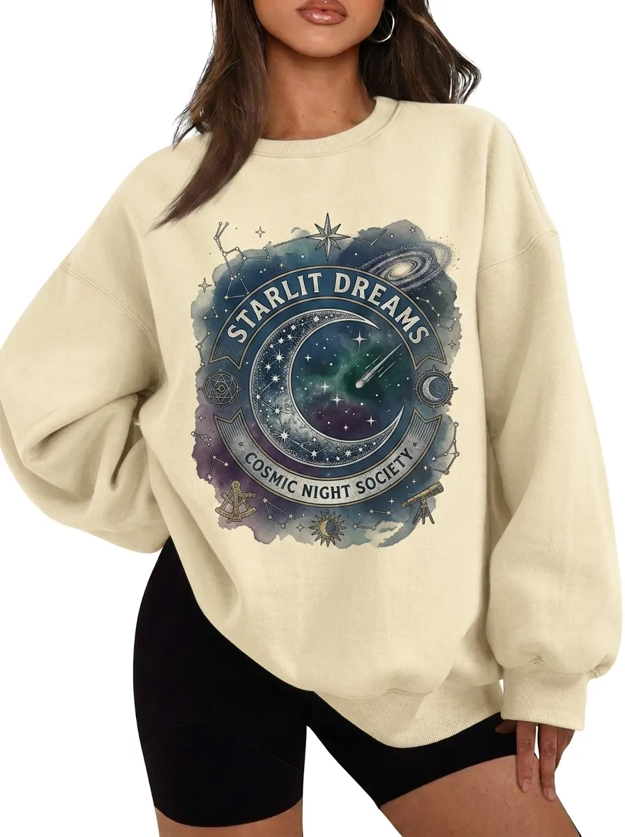 Women's Starlit Dreams Cosmic Night Society Moon Stars Printed T-shirt