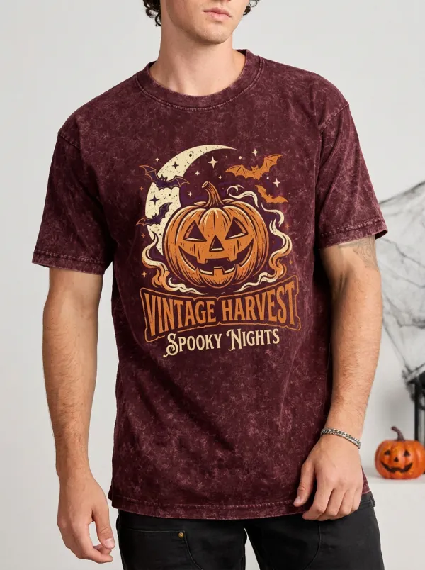 Men's Halloween Vintage Harvest Pumpkin Bat Printed T-shirt