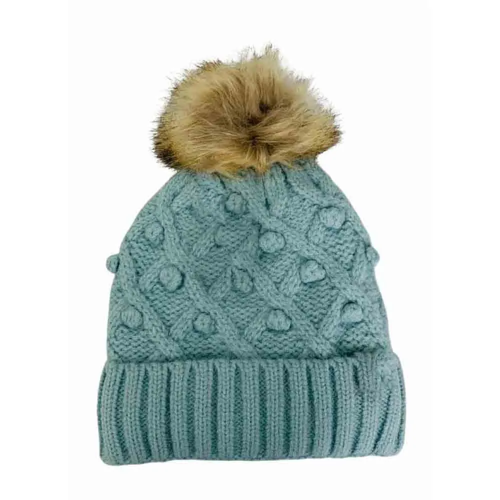Bobble Knit Faux Fur Pom Beanie