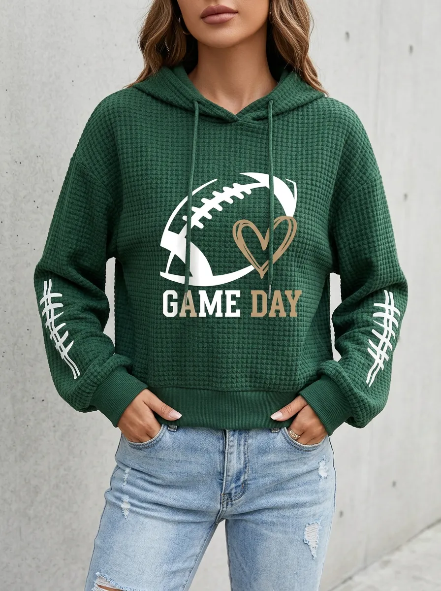 Women's Football Game Day Heart Graphic Printed Waffle Hoodie
