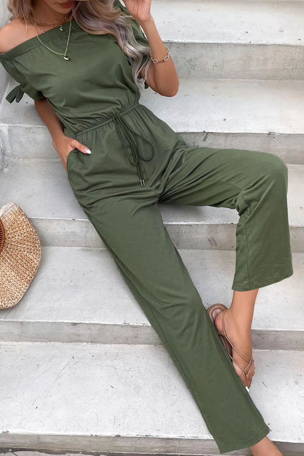 Shoulder Tie Cuff Pockets Jumpsuit