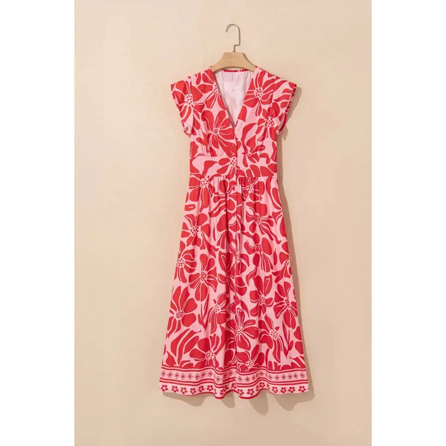 Ruffled V-Neck Midi Dress with Button Front