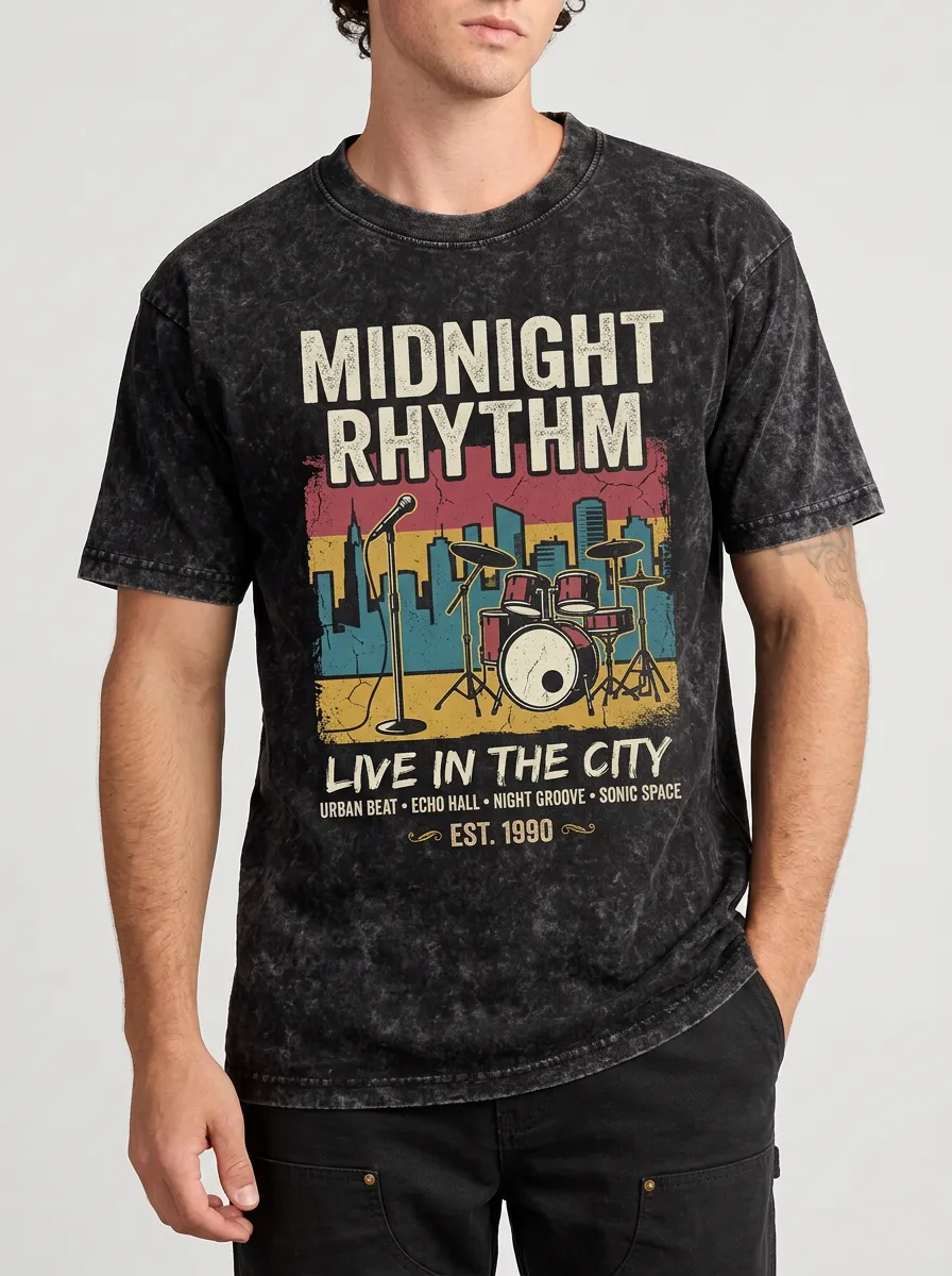 Men's Music Lover Midnight Rhythm Drum City Printed T-shirt