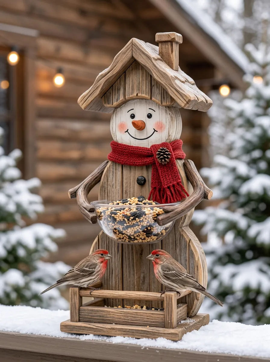 Snowman Wooden Christmas Bird Feeder