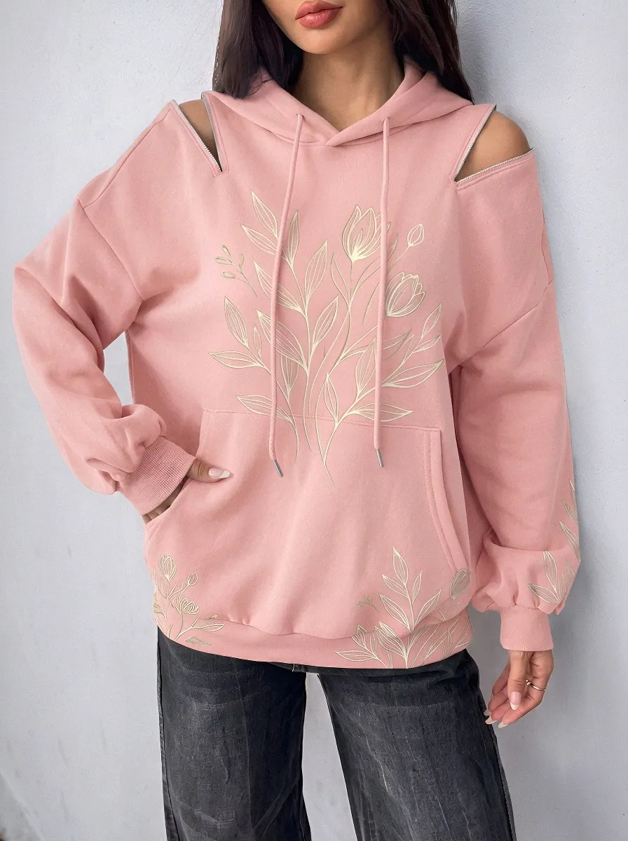 Women's Floral Botanical Line Art Printed Cold Shoulder Hoodie