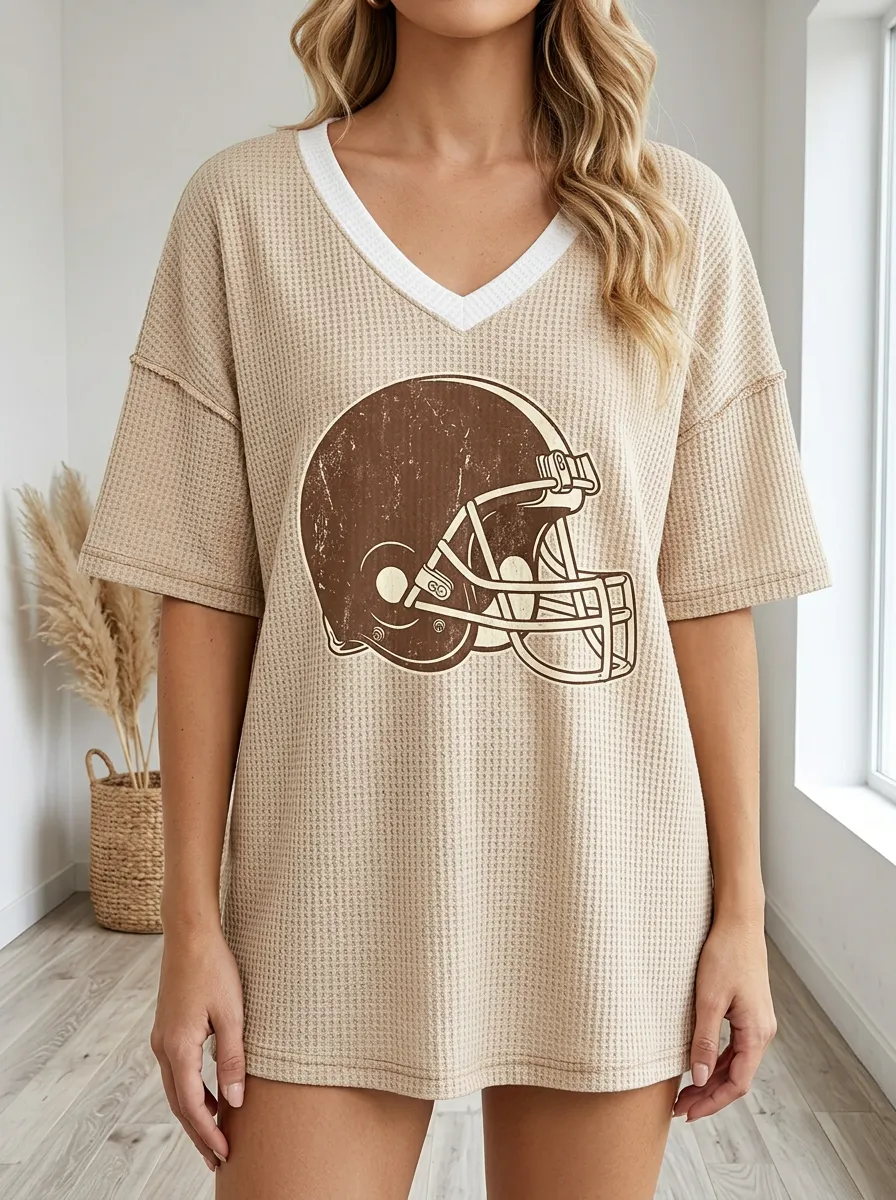 Women's Game Day Football Fan Distressed Helmet Printed Waffle Knit Top