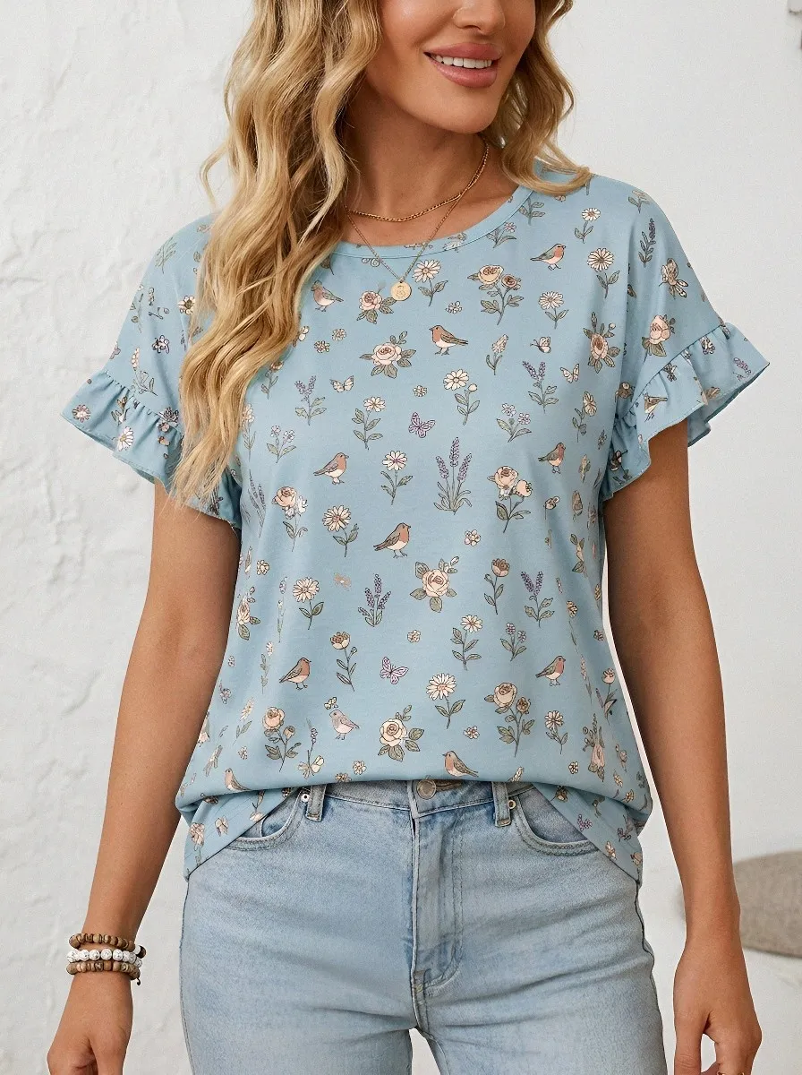 Bird Floral Ruffle-Sleeve Women's Loose Printed Blouse