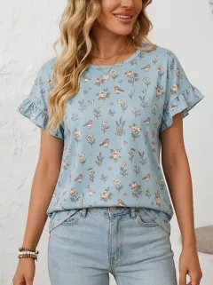 Bird Floral Ruffle-Sleeve Women's Loose Printed Blouse
